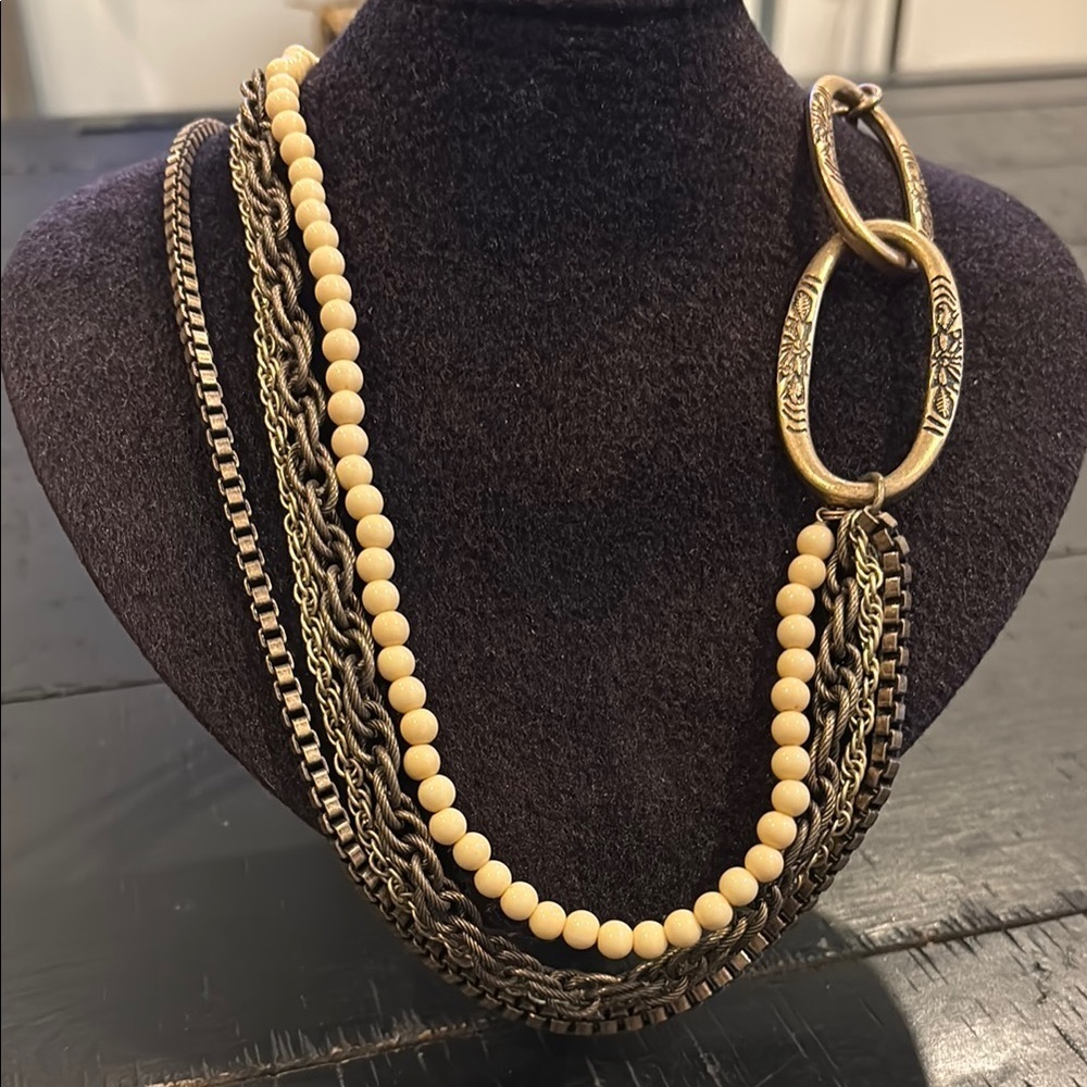Talbots Boho Beaded Antique Gold Tone Multi-Strand Long Necklace
